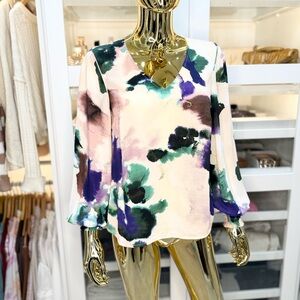 CAbi Mystic Blouse Top Aurora Floral Watercolor Green Purple Women’s Size XS